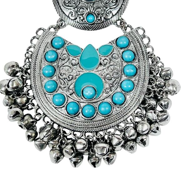 Vintage Boho Western Retro Turquoise Silver Necklace Gypsy Chunky 14" Fantasy - Picture 1 of 8